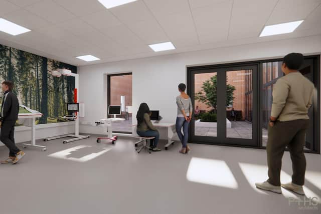 An architectural illustration of the new robotic therapy suite.