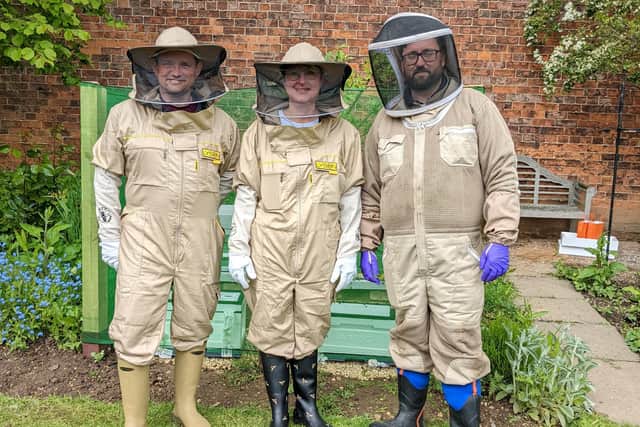 Pictured from the left is Ben, Elizabeth and their mentor Martin Hughes, who runs the Yorkshire HoneyBee company