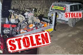 Police cars and a helicopter pursued this stolen car and trailer across South Yorkshire, while being rained with missiles from the suspected thieves, on Friday night