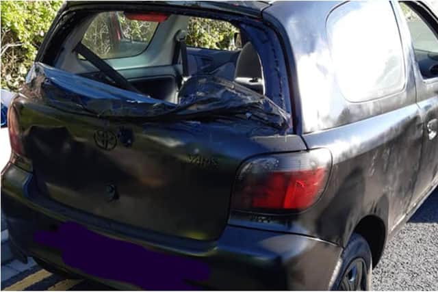 This car, without a rear windscreen, was stopped by police officers in Doncaster