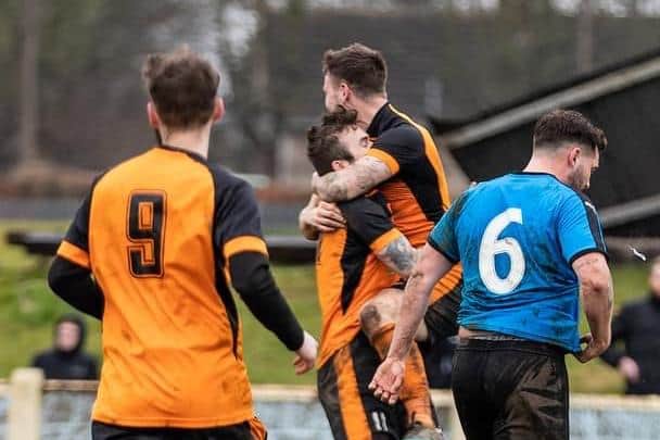 Scawthorpe celebrate one of their four goals against Poets Young Boys in the FA Sunday Cup. Pictures courtesy of John Hobson Photography