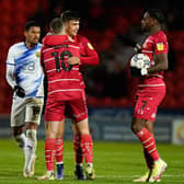 Branden Horton is congratulated after equalising for Rovers against Oxford. Picture: Steve Flynn/AHPIX