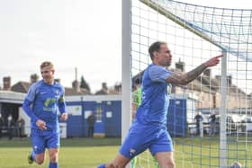 Player-manager Greg Young celebrates opening the scoring in Rossington's big win last weekend. Pic: Russ Sheppard/Offthebenchpics