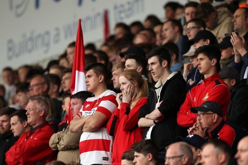 DONCASTER, ENGLAND - APRIL 29: Doncaster Rovers fans during the Sky Bet League Two match between Doncaster Rovers and Exeter City.
