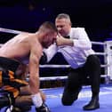 Doncaster-trained boxer Connor Coghill is given a standing eight count by referee Bob Williams.Photo: Mark Robinson/Matchroom Boxing