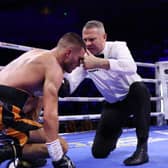 Doncaster-trained boxer Connor Coghill is given a standing eight count by referee Bob Williams.Photo: Mark Robinson/Matchroom Boxing
