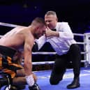 Doncaster-trained boxer Connor Coghill is given a standing eight count by referee Bob Williams.Photo: Mark Robinson/Matchroom Boxing