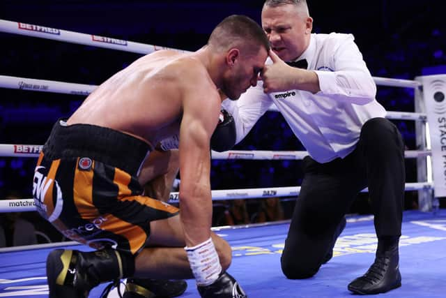 Doncaster-trained boxer Connor Coghill is given a standing eight count by referee Bob Williams.Photo: Mark Robinson/Matchroom Boxing