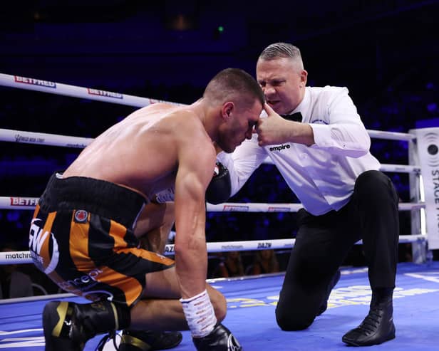 Doncaster-trained boxer Connor Coghill is given a standing eight count by referee Bob Williams.Photo: Mark Robinson/Matchroom Boxing