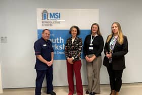 From left to right, Daniel Flear, clinical matron at MSI UK’s Rotherham clinic, Sarah Champion, Labour MP for Rotherham, Caroline Day, deputy named nurse for safeguarding at MSI UK, and Louise McCudden, UK head of external affairs at MSI.