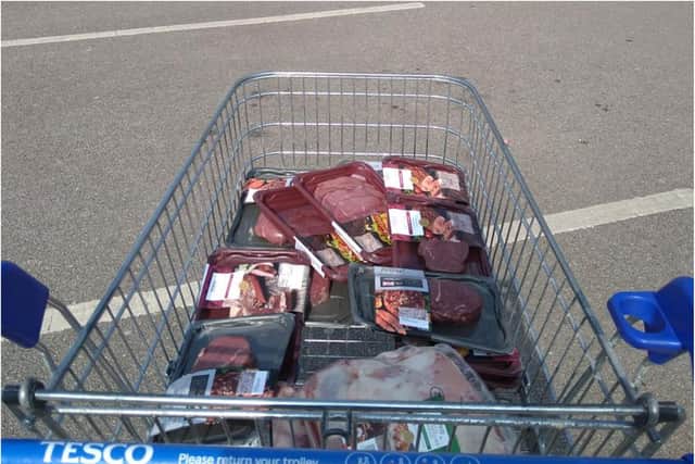 The man was spotted pushing a trolley full of steak along a main road in Doncaster.