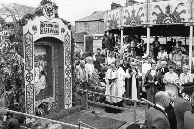 Buxton Advertiser archive, 1979, The blessing of the Market Place Well which at that time still happened on the traditional Wednesday rather than the Sunday used now.