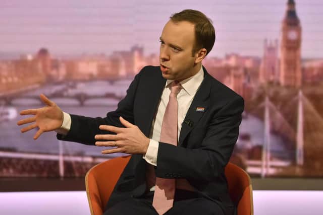 BBC handout photo of Health Secretary Matt Hancock on the Andrew Marr show. PA Photo. Issue date: Sunday March 15, 2020. See PA story HEALTH Coronavirus. Photo credit: Jeff Overs/BBC/PA Wire