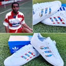 Aaron has recreated the 1992 Doncaster Rovers Football Club's kit on a pair of trainers.