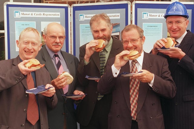 Minister for trade Richard Caborn had bacon and sausage sandwiches with the partners involved with The Upper Manor regeneration in 1999. With him, left to right, are,  Phil Moore, area director North British Housing Association, John Cornwell, regional chairman of Northern Counties Housing Association, Dave Clarson, executive director Manor and castle Development Trust, MP Richard Caborn and Jim Cropper, managing director Belway Homes.
