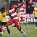 Joseph Olowu and his Doncaster Rovers team-mates struggled to contain Harrogate Town's man of the match, Abraham Odoh. Pictures: Paul Thompson/ProSportsImages