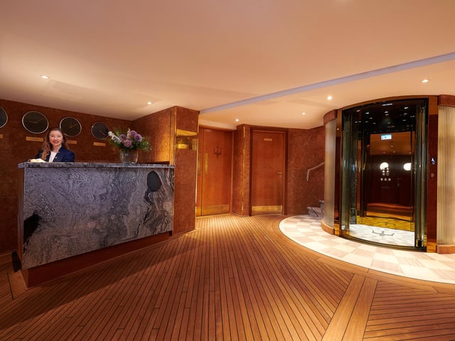 After being welcomed on board Fingal, guests can use hand sanitizer products before venturing further inside.