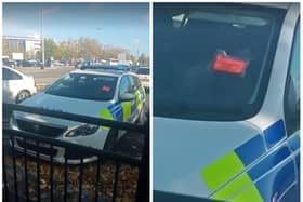 The police patrol car was pictured with a red warning parking ticket label in Doncaster city centre.