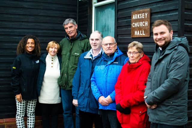 Jamilah Hassan of the Banks Group, Anne Renney of the All Saints Church Arksey PCC, Councillor James Church of Doncaster Council, PCC members Stephen Renney and Gordon Pavier, church volunteer Pauline Pavier and Father David D’Silva, priest in charge at All Saints Church Arksey.