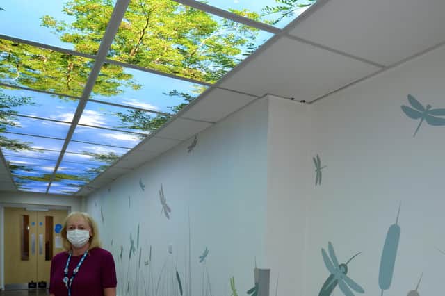 A sunny outdoor scene, has been added to a corridor linking adjoining areas of the hospice