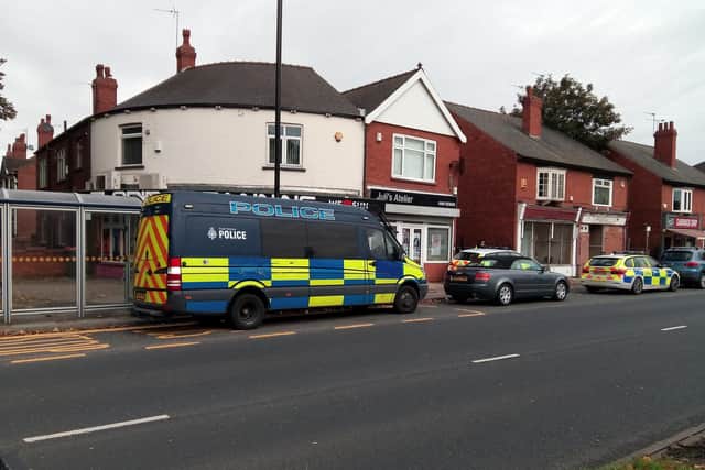 Police at the scene of their investigation after a body was found in a home at Carr House Road, near Elmfield Park, Doncaster on Sunday October 13. The death was being treated as suspoious and murder squad officers were investigating at the time