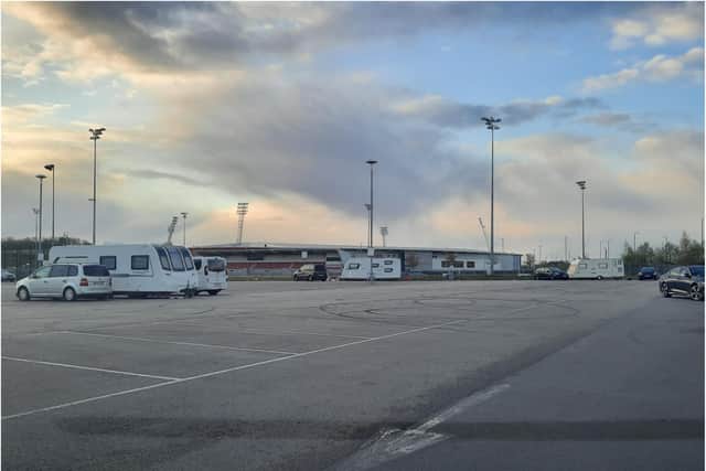 Travellers have set up camp in the Keepmoat Stadium car park.