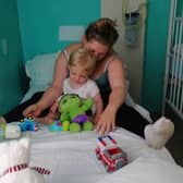 Sylas with mum Nicole in hospital. Picture by Brain Tumour Research.