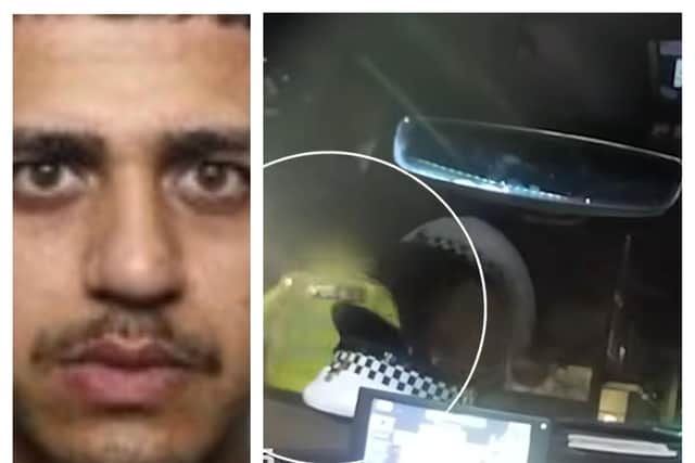 Mabast Mohammad, 24, of Edlington Lane, drove at a roads policing officer (circled) before fleeing the scene has been jailed.