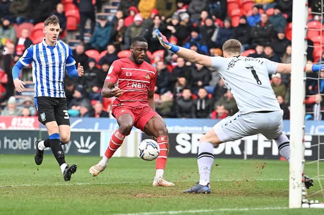 Joseph Olowu had a big chance to make it 2-0 to Rovers but could not convert. Photo: Howard Roe/AHPIX LTD