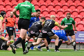 Mahe Founa scores the opening try for Doncaster RLFC against North Wales Crusaders.