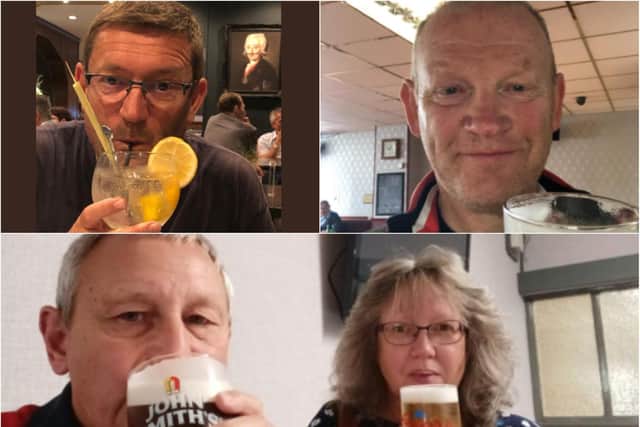 John Connell (bottom left) and Nigel Akers (top right) were among the Doncaster fans enjoying a drink courtesy of Paul Heaton (top left) on his 60th birthday.