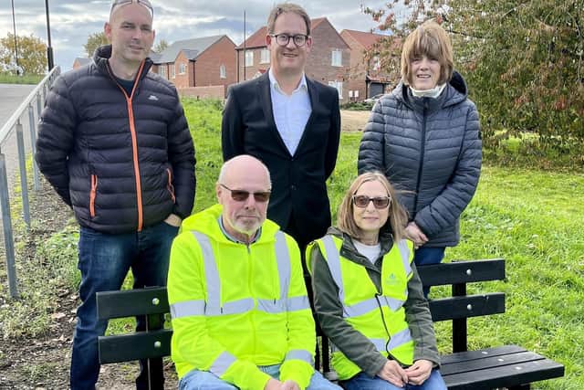 Picture shows (standing left to right) Warmsworth Parish council handyman Rob Rothewell, Jon Bailey of Ben Bailey, Parish Councillor and environment group leader Christine Pattison and (seated) environment group volunteers Dave Paxton and Sue Phillips