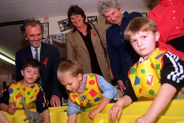 Fox Hill Primary school, Keats Road, Fox Hill, where councillors spent the morning with pupils back in 1997. Seen in the Nursery  section of the school, where children were playing in the  pond. Seen LtoR are,  Mike Bower, Barbara Belcher, and Jan Wilson.