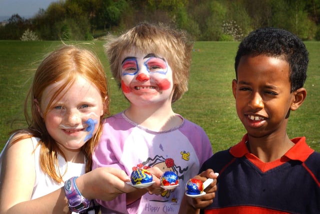Netherthorpe and Upperthorpe young people's platform (NUYPP) held an 'eggstravaganza' during their 2003 Easter playscheme at the Ponderosa, Crookes Valley. Ready for the egg and spoon race are, left to right, Liah Edwardes, 9, Joy, aged 6, and Hamse Jama, aged 11