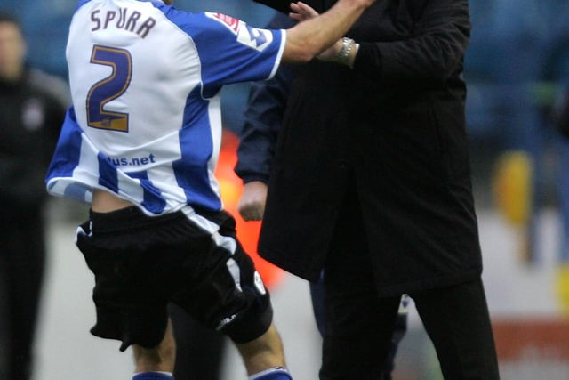 Wednesday boss Brian Laws hugs goalscorer Tommy Spurr during the FA Cup third round tie against Fulham at Hillsborough in January 2009.