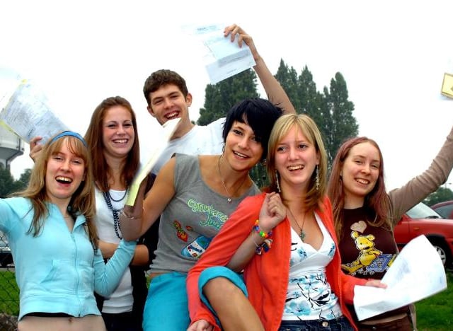 A group of teens receiving their A-Level results at Danum School in 2006.