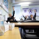 Hand sanitiser in a classroom at Outwood Academy Adwick in Doncaster, as schools in England reopen to pupils following the coronavirus lockdown.