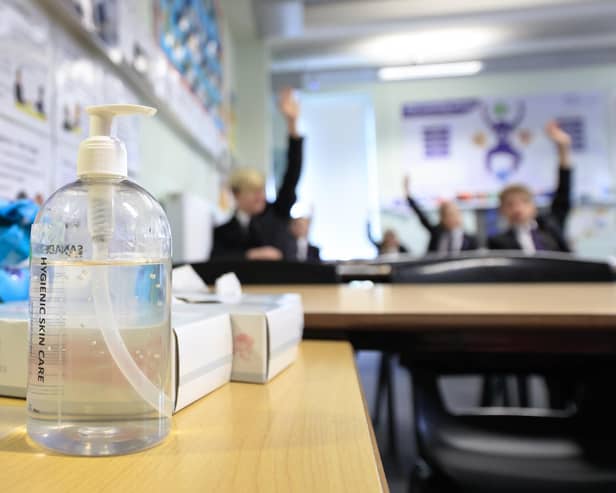 Hand sanitiser in a classroom at Outwood Academy Adwick in Doncaster, as schools in England reopen to pupils following the coronavirus lockdown.