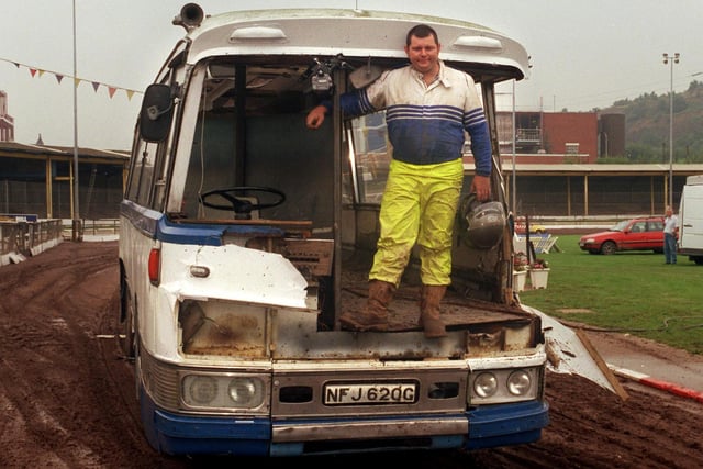 Max Austin after jumping through a coach in a dummy run of a world record attempt to be staged at Owlerton Stadium in 1999