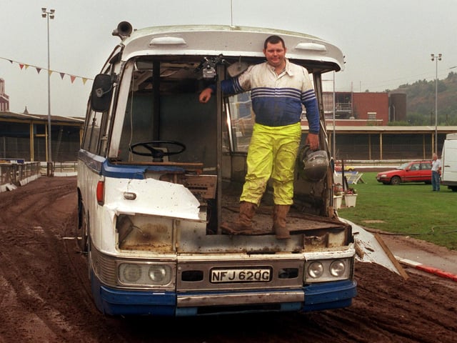 Max Austin after jumping through a coach in a dummy run of a world record attempt to be staged at Owlerton Stadium in 1999