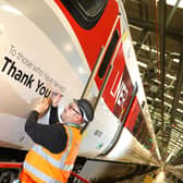 LNER Azuma (800 103) proudly displaying ‘Thank You to those who have served’ at Doncaster works.
800 103 is a 9-coach bi-mode Azuma train. It was introduced into service with the special remembrance design from Saturday 5th November 2022.