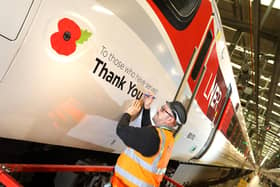 LNER Azuma (800 103) proudly displaying ‘Thank You to those who have served’ at Doncaster works.
800 103 is a 9-coach bi-mode Azuma train. It was introduced into service with the special remembrance design from Saturday 5th November 2022.