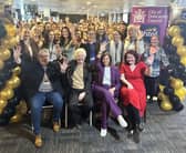 Councillor Farmer, Mayor of Doncaster Ros Jones, senior leaders and staff celebrate.