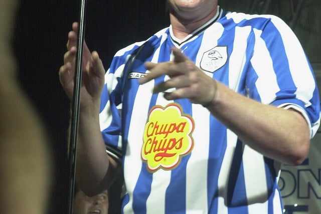 Heaven 17 lead singer Glenn Gregory Final Encore and the lads return to the stage in Sheffield Wednesday Shirts the One Night In Heaven event at the Adelphi in 2001