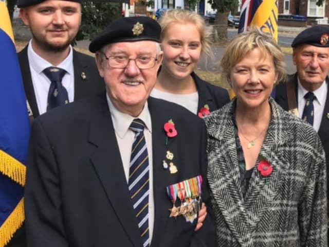 Les Wales, pictured, front left, with actress Annette Bening. Mr Wales, who was one of South Yorkshire's last surviving veterans of World War Two, has died aged 98