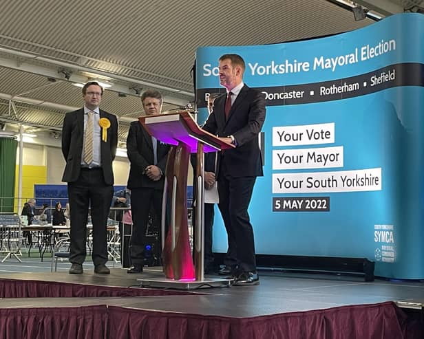 Newly elected mayor of South Yorkshire Oliver Coppard speaks after the result was announced