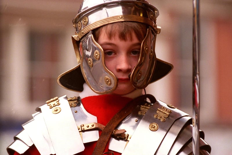 8-year-old Jamie Ford from Highfield Hall Primary school,Newbold,Chesterfield, tried on a replica Roman centurian outfit, at  "The Romans" exhibition at the re-opened Chesterfield Museum in 1998