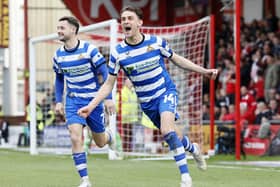 Harrison Biggins wheels away after doubling Rovers' lead at Crewe last Monday.