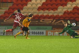 Fabio Silva fires in the winner for Wolves U21s against Rovers. Picture: Andrew Roe/AHPIX