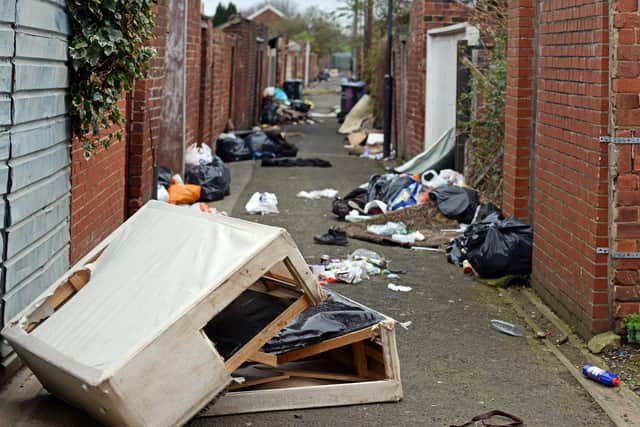 Fly-tipping in the backs between Ellerker Avenue and Stone Close Avenue, Hexthorpe. Picture: NDFP-19-03-19-Flytipping-3